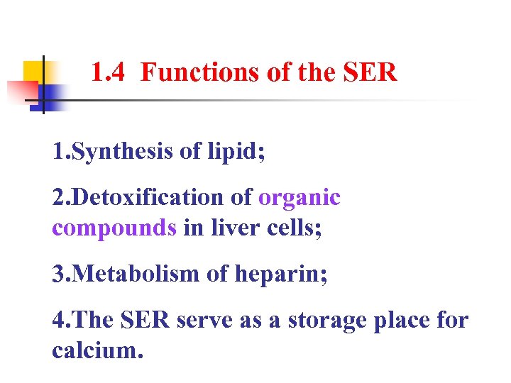 1. 4 Functions of the SER 1. Synthesis of lipid; 2. Detoxification of organic