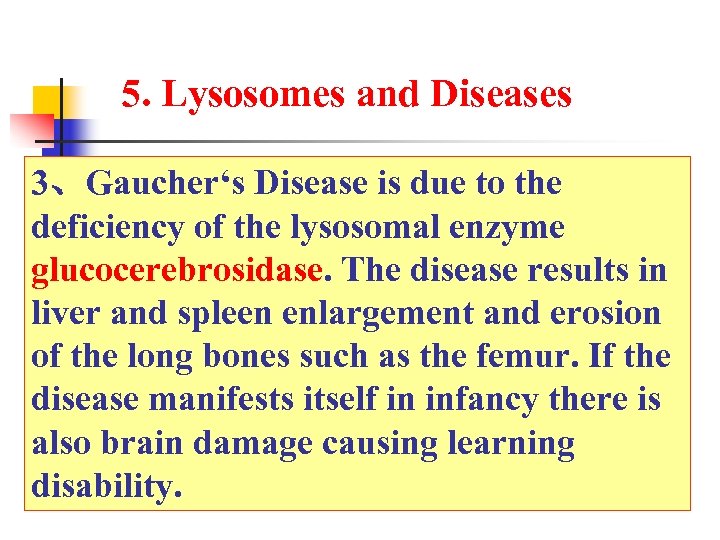 5. Lysosomes and Diseases 3、Gaucher‘s Disease is due to the deficiency of the lysosomal