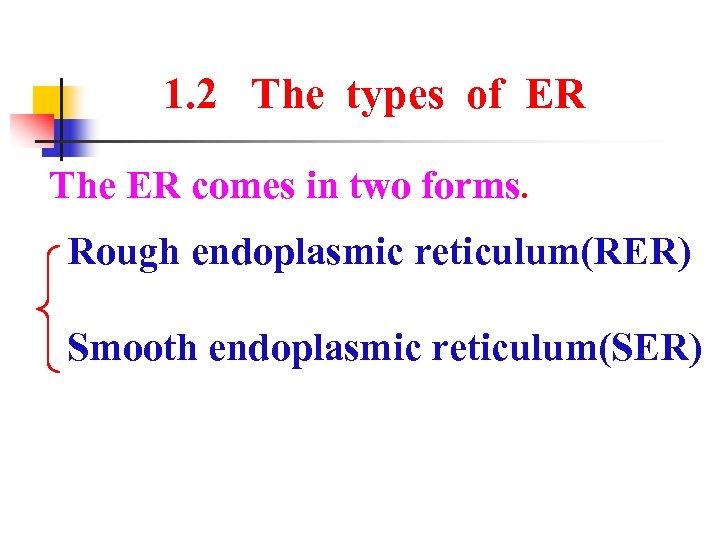 1. 2 The types of ER The ER comes in two forms. Rough endoplasmic