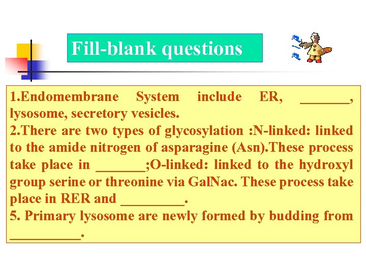 Fill-blank questions 1. Endomembrane System include ER, _______, lysosome, secretory vesicles. 2. There are