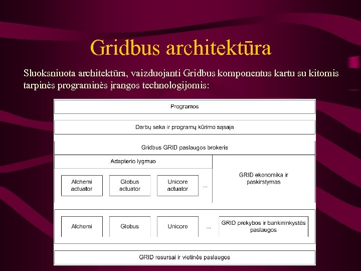 Gridbus architektūra Sluoksniuota architektūra, vaizduojanti Gridbus komponentus kartu su kitomis tarpinės programinės įrangos technologijomis: