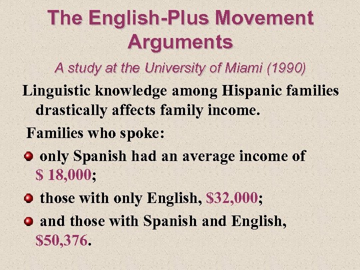 The English-Plus Movement Arguments A study at the University of Miami (1990) Linguistic knowledge