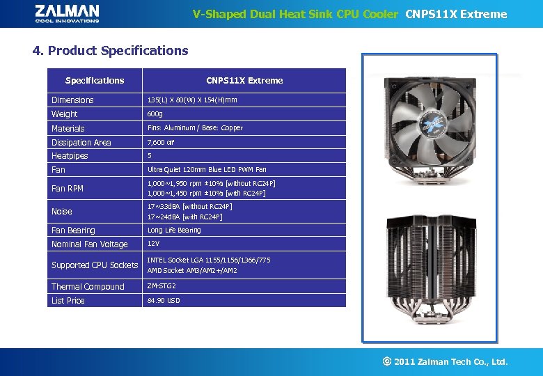 V-Shaped Dual Heat Sink CPU Cooler CNPS 11 X Extreme 4. Product Specifications CNPS
