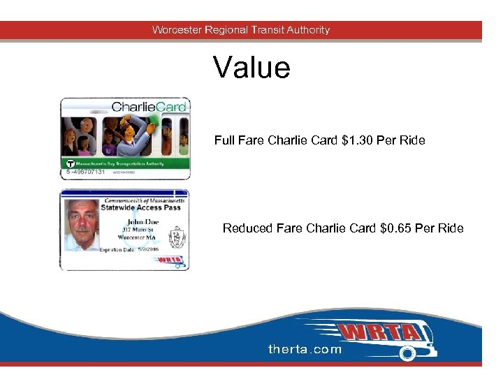 Value Full Fare Charlie Card $1. 30 Per Ride Reduced Fare Charlie Card $0.