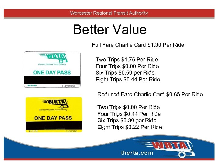 Better Value Full Fare Charlie Card $1. 30 Per Ride Two Trips $1. 75
