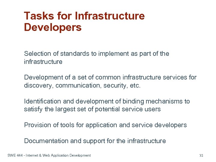 Tasks for Infrastructure Developers Selection of standards to implement as part of the infrastructure