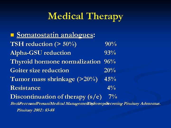 Medical Therapy n Somatostatin analogues: TSH reduction (> 50%) 90% Alpha-GSU reduction 93% Thyroid