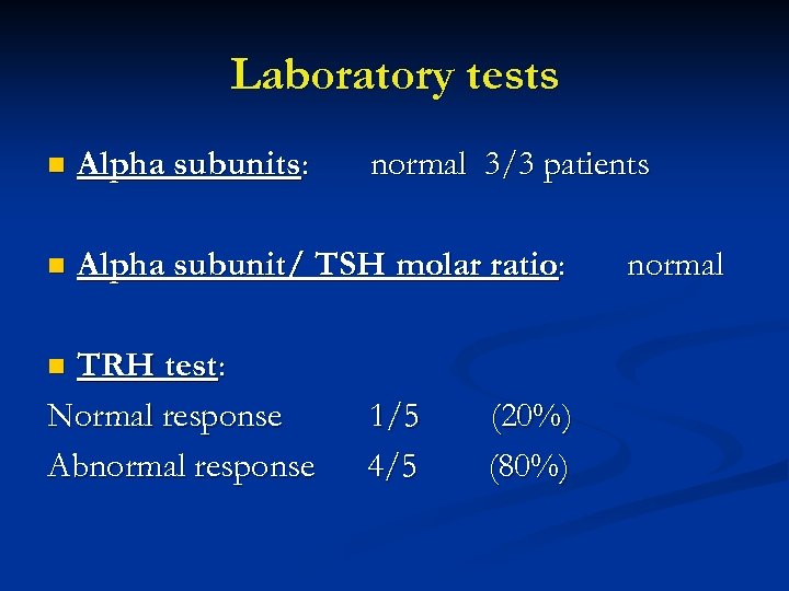 Laboratory tests n Alpha subunits: n Alpha subunit/ TSH molar ratio: TRH test: Normal