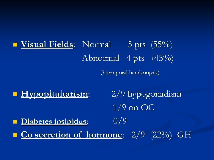 n Visual Fields: Normal 5 pts (55%) Abnormal 4 pts (45%) (bitemporal hemianopsia) 2/9