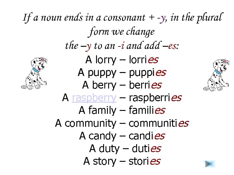 If a noun ends in a consonant + -y, in the plural form we