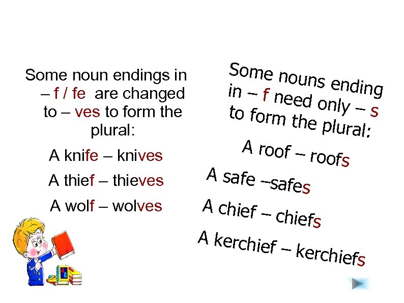Some noun endings in – f / fe are changed to – ves to
