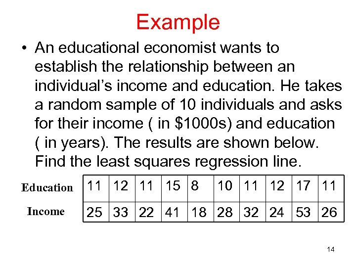 Example • An educational economist wants to establish the relationship between an individual’s income