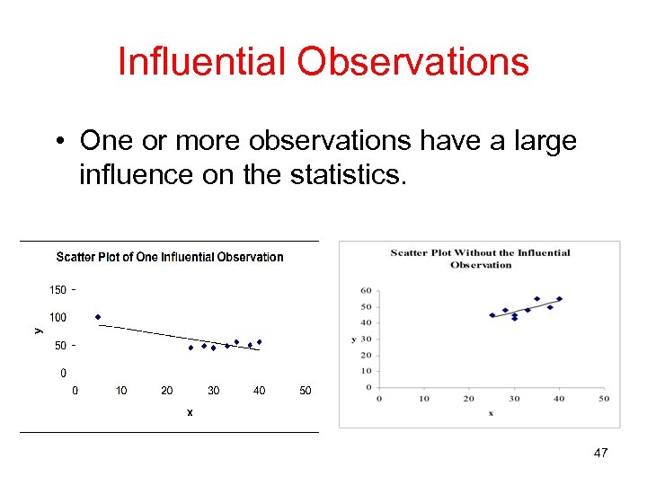 Influential Observations • One or more observations have a large influence on the statistics.