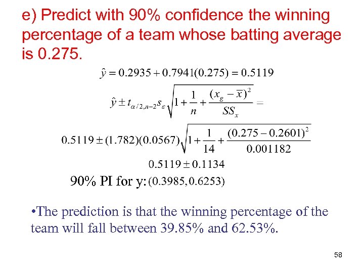 e) Predict with 90% confidence the winning percentage of a team whose batting average