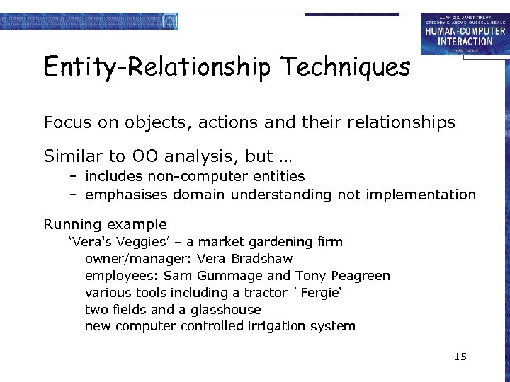Entity-Relationship Techniques Focus on objects, actions and their relationships Similar to OO analysis, but