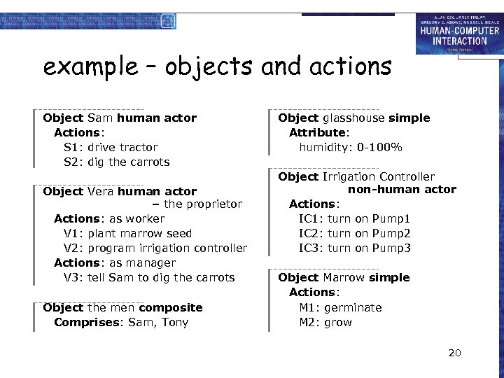 example – objects and actions Object Sam human actor Actions: S 1: drive tractor