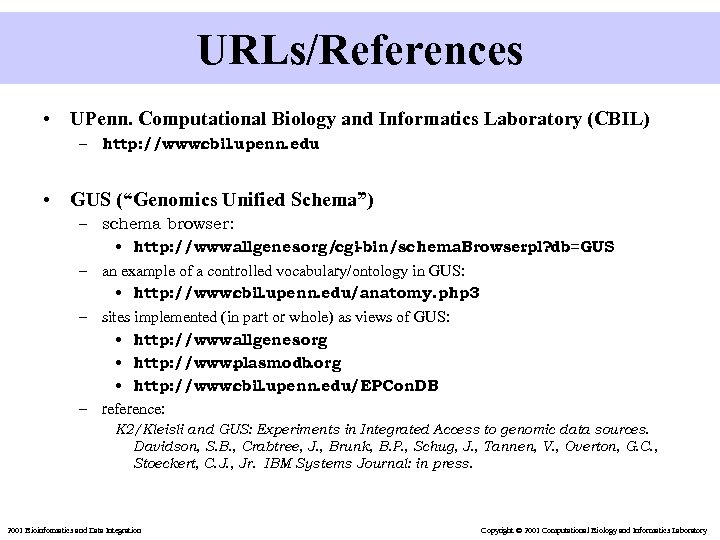 URLs/References • UPenn. Computational Biology and Informatics Laboratory (CBIL) – http: //www. bil. upenn.