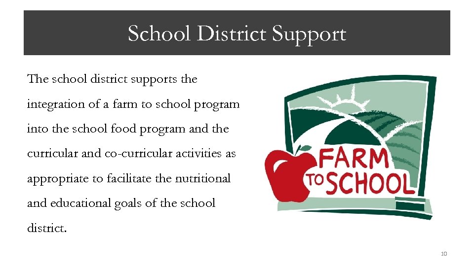 School District Support The school district supports the integration of a farm to school