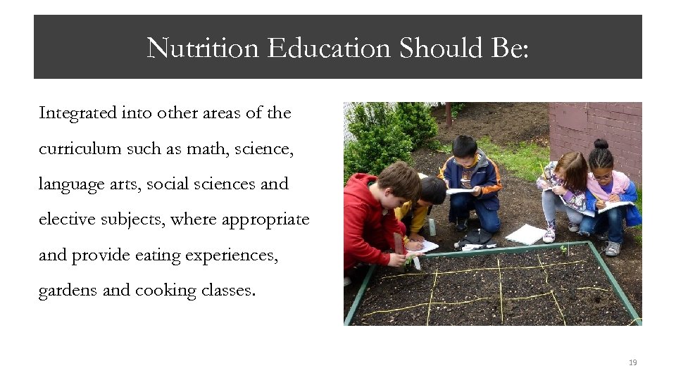 Nutrition Education Should Be: Integrated into other areas of the curriculum such as math,
