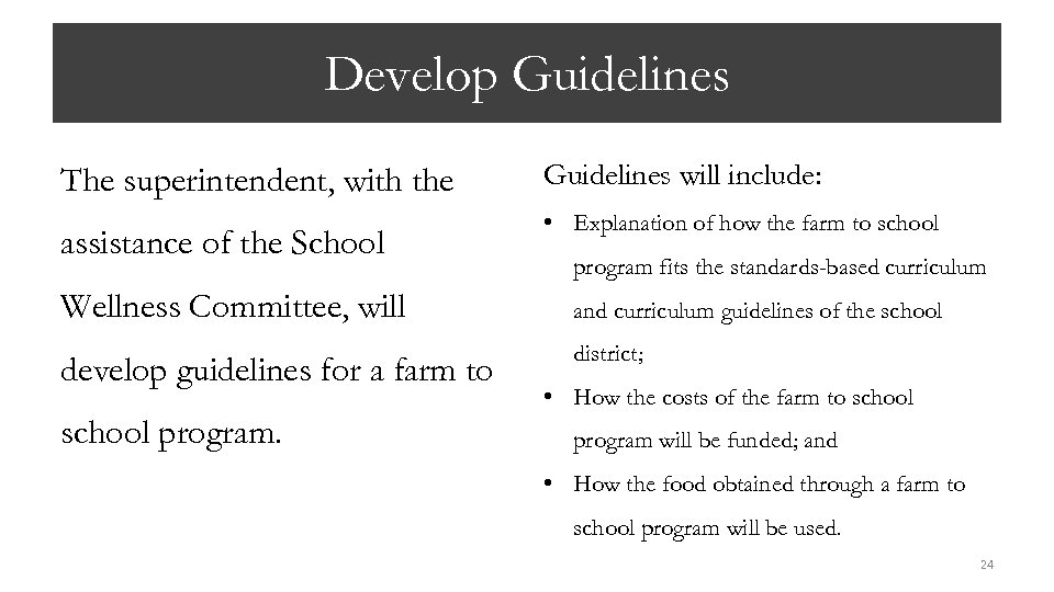 Develop Guidelines The superintendent, with the assistance of the School Guidelines will include: •