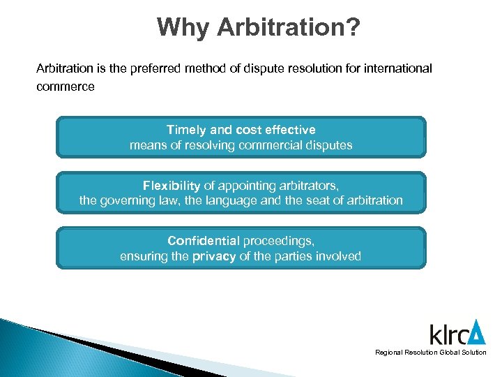 Why Arbitration? Arbitration is the preferred method of dispute resolution for international commerce Timely