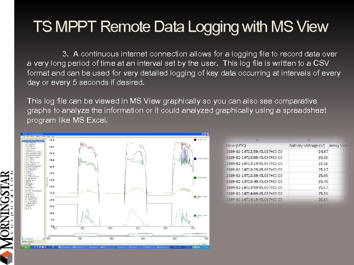 TS MPPT Remote Data Logging with MS View 3. A continuous internet connection allows