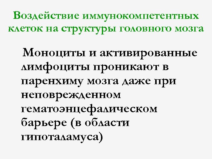 Воздействие иммунокомпетентных клеток на структуры головного мозга Моноциты и активированные лимфоциты проникают в паренхиму