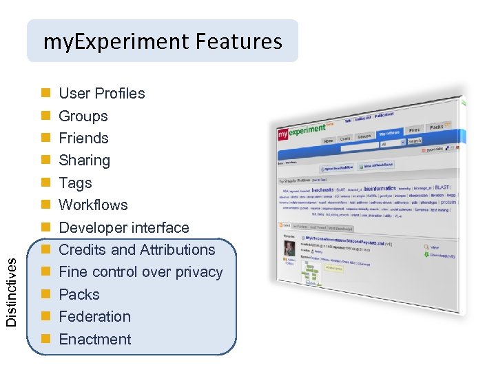 Distinctives my. Experiment Features n n n User Profiles Groups Friends Sharing Tags Workflows