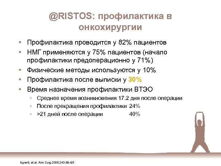 @RISTOS: профилактика в онкохирургии • Профилактика проводится у 82% пациентов • НМГ применяются у