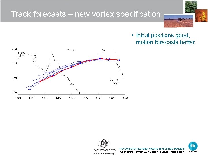 Track forecasts – new vortex specification • Initial positions good, motion forecasts better. The