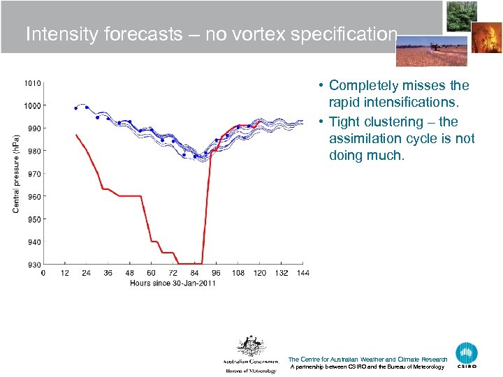 Intensity forecasts – no vortex specification • Completely misses the rapid intensifications. • Tight