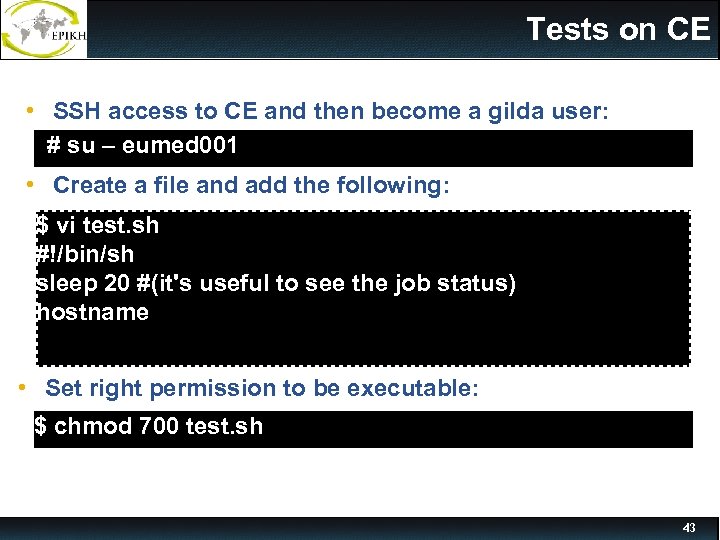 Tests on CE • SSH access to CE and then become a gilda user: