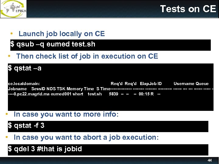 Tests on CE • Launch job locally on CE $ qsub –q eumed test.