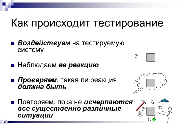 Как происходит тестирование n Воздействуем на тестируемую систему n Наблюдаем ее реакцию n Проверяем,