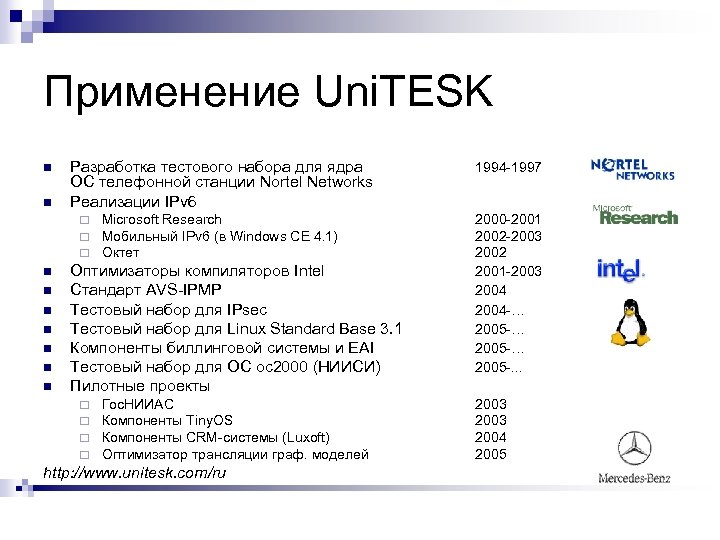 Применение Uni. TESK n n Разработка тестового набора для ядра ОС телефонной станции Nortel