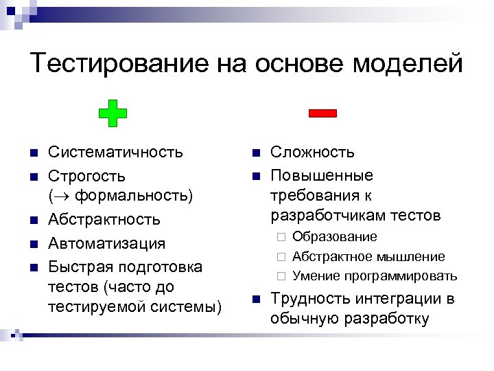Тестирование на основе моделей n n n Систематичность Строгость ( формальность) Абстрактность Автоматизация Быстрая