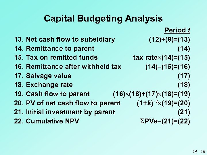 Capital Budgeting Analysis Period t 13. Net cash flow to subsidiary (12)+(8)=(13) 14. Remittance