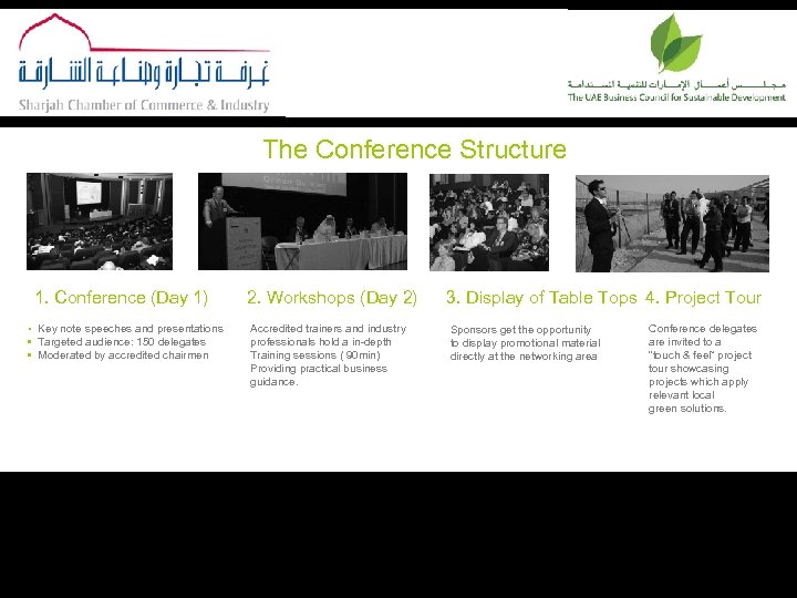 The Conference Structure 1. Conference (Day 1) • Key note speeches and presentations •