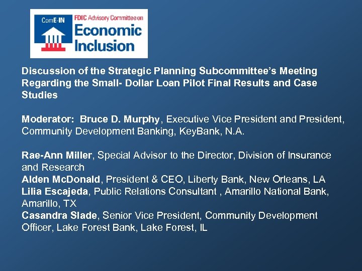 Discussion of the Strategic Planning Subcommittee’s Meeting Regarding the Small- Dollar Loan Pilot Final