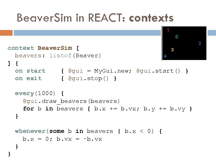 Beaver. Sim in REACT: contexts 1 0 context Beaver. Sim [ 3 beavers: listof(Beaver)