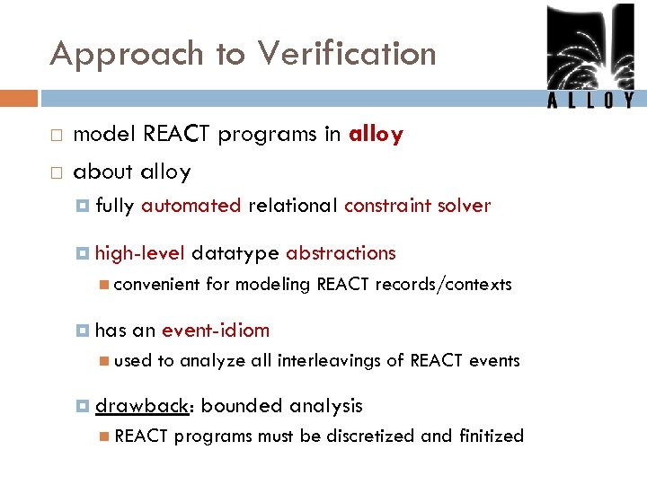 Approach to Verification model REACT programs in alloy about alloy fully automated relational constraint