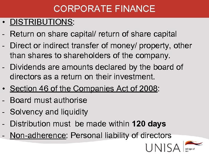 CORPORATE FINANCE • DISTRIBUTIONS: - Return on share capital/ return of share capital -