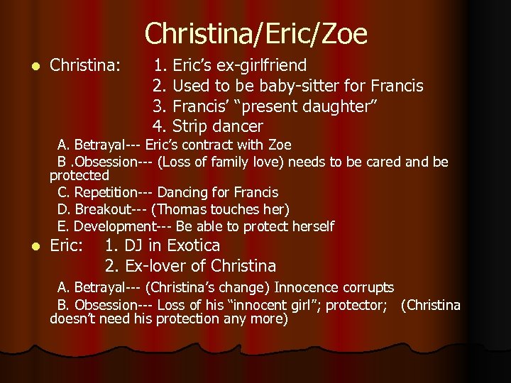 Christina/Eric/Zoe l Christina: 1. Eric’s ex-girlfriend 2. Used to be baby-sitter for Francis 3.