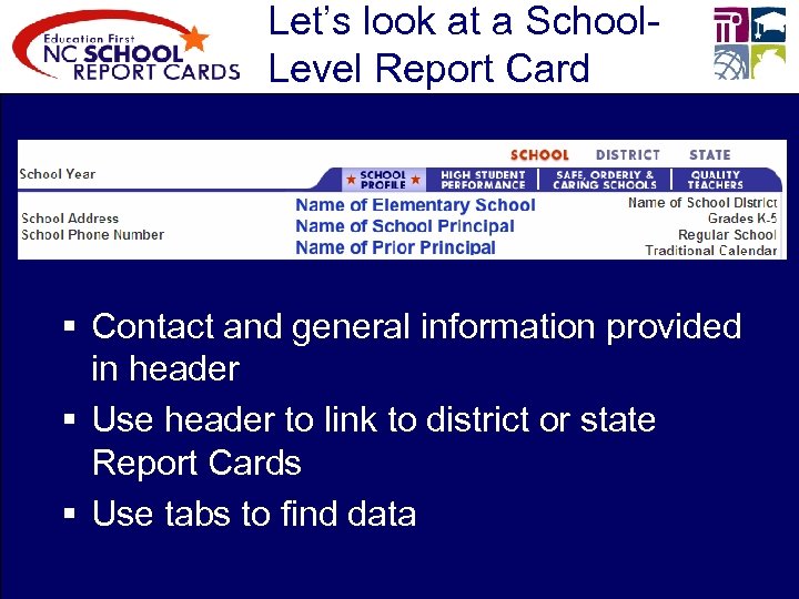 Let’s look at a School. Level Report Card § Contact and general information provided