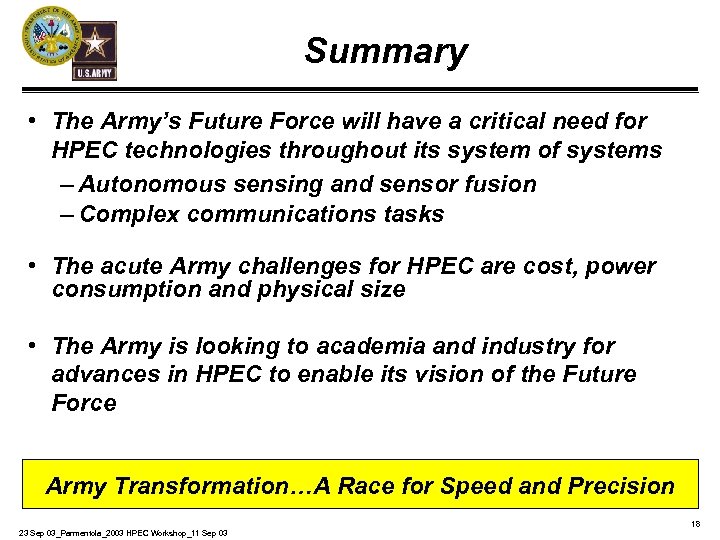 Summary • The Army’s Future Force will have a critical need for HPEC technologies