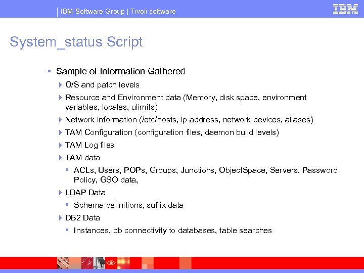 IBM Software Group | Tivoli software System_status Script § Sample of Information Gathered 4