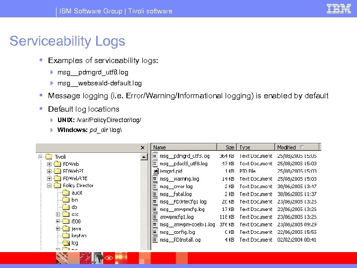 IBM Software Group | Tivoli software Serviceability Logs § Examples of serviceability logs: 4