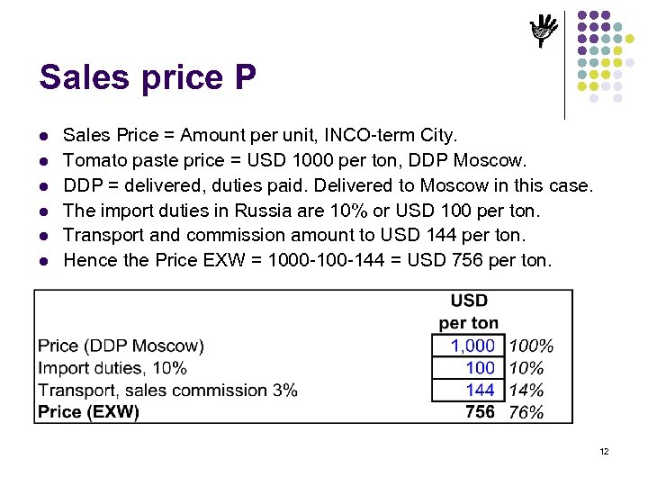 Sales price P l l l Sales Price = Amount per unit, INCO-term City.