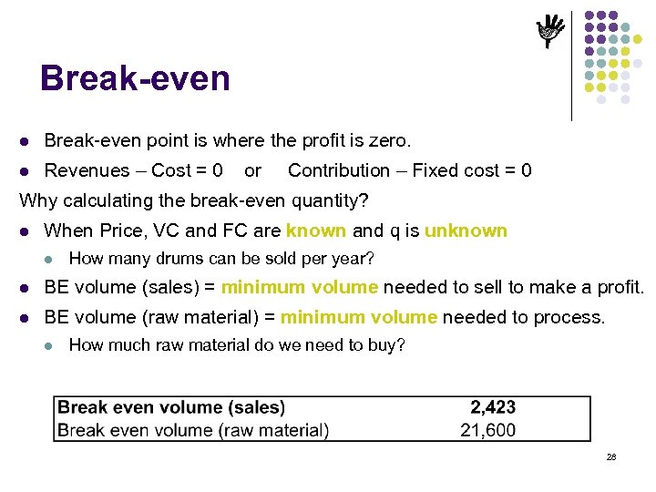 Break-even l Break-even point is where the profit is zero. l Revenues – Cost