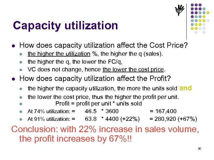 Capacity utilization l How does capacity utilization affect the Cost Price? l l the